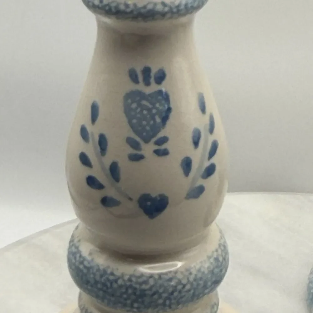 Vintage Blue Heart Spongeware Ceramic Candlestick Holders Pair Country 7.5